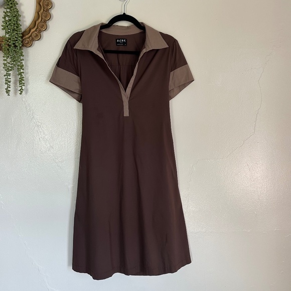 BCBG Paris Short Sleeve A-Line Tie Waist Dress, Collared V-neck, Brown, Sz 14 - Picture 1 of 7